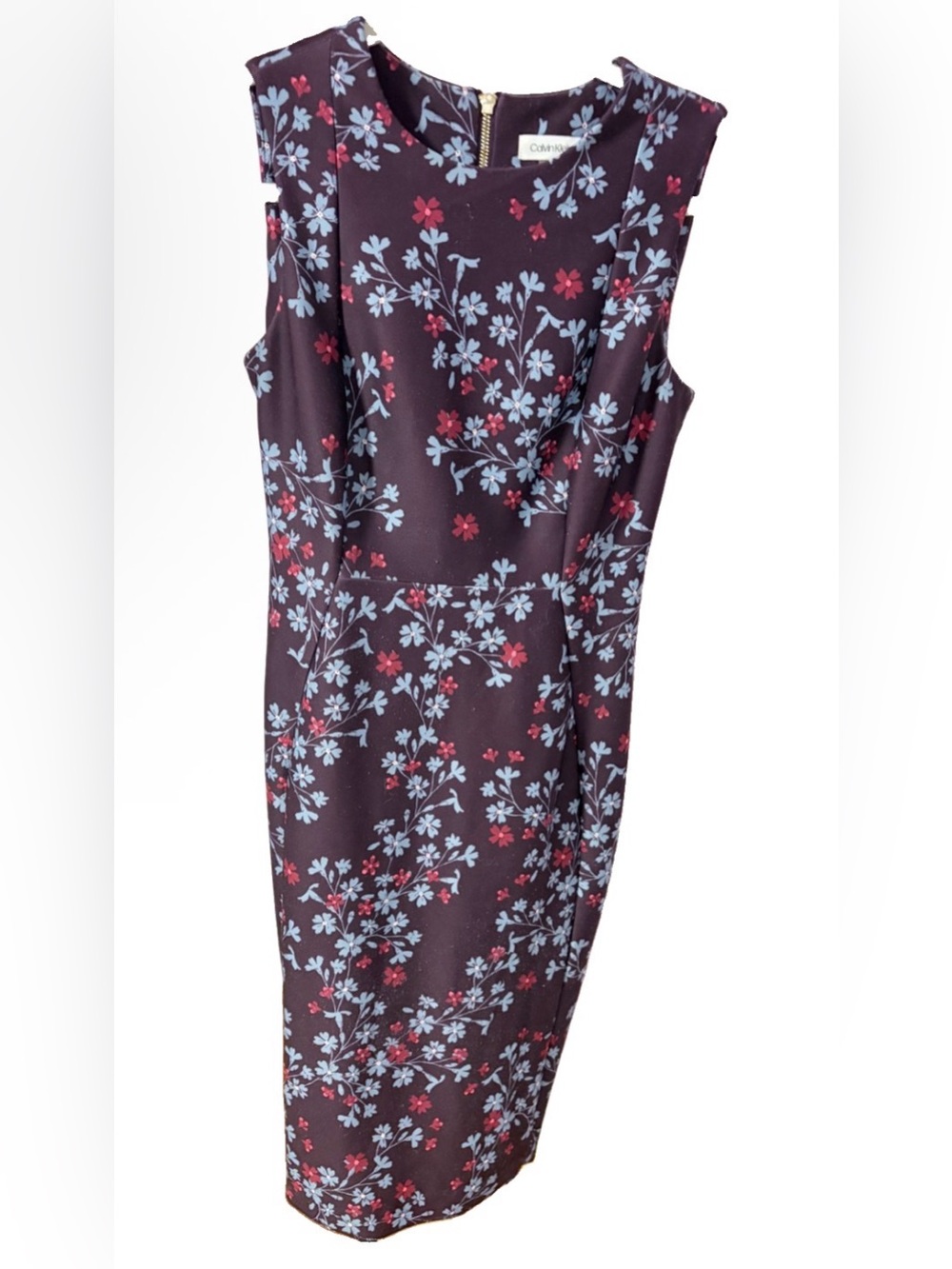 Calvin Klein Plum Floral Sheath Dress with Light Blue & Raspberry Prints, Size 4